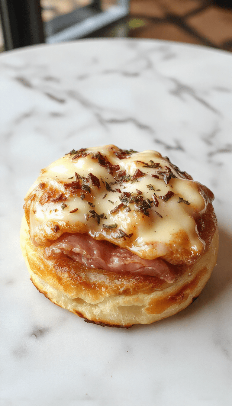 A golden-brown puff pastry topped with a perfectly cooked sunnyside-up egg, melted cheese, slices of ham, and garnished with fresh herbs, served on a rustic white plate with a flaky texture and vibrant colors.