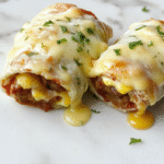 Colorful breakfast roll-ups arranged on a white plate featuring golden-brown sausage, fluffy scrambled eggs, melted cheese, and soft tortilla wraps, styled with a vibrant background and fresh herbs for a inviting and hearty breakfast presentation.