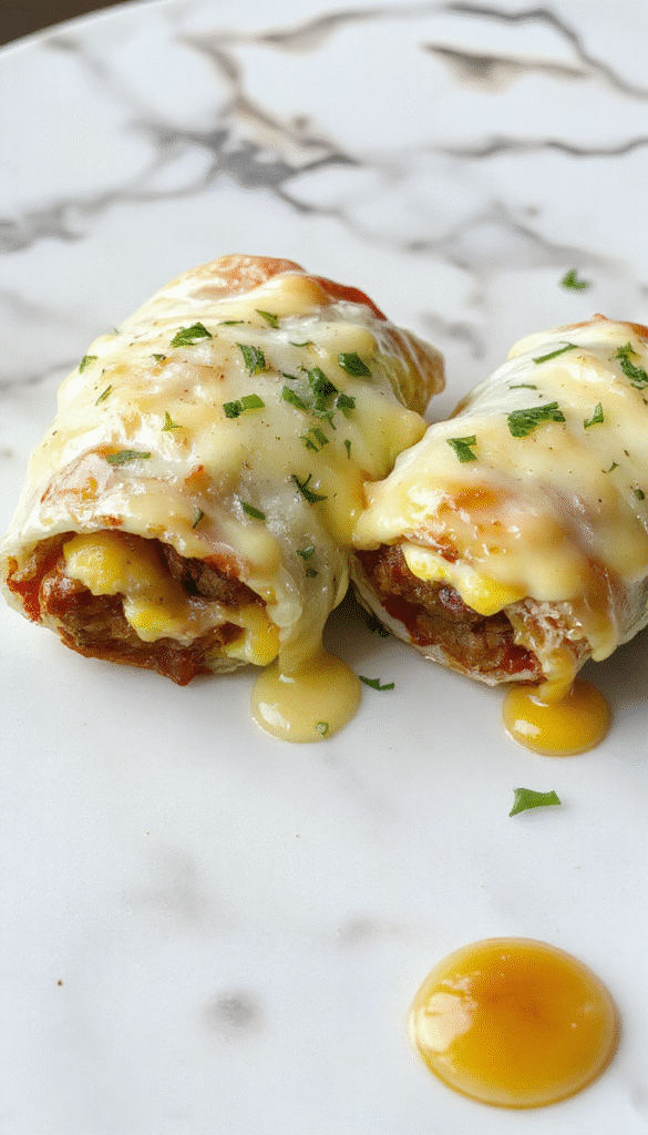 Colorful breakfast roll-ups arranged on a white plate featuring golden-brown sausage, fluffy scrambled eggs, melted cheese, and soft tortilla wraps, styled with a vibrant background and fresh herbs for a inviting and hearty breakfast presentation.