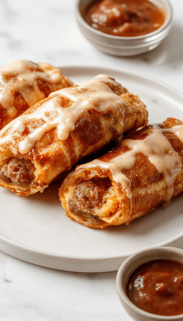 Colorful plate featuring golden-brown French toast roll-ups filled with juicy sausage, garnished with powdered sugar and fresh herbs, served on a white plate, styled with syrup drizzles and a side of fresh berries.