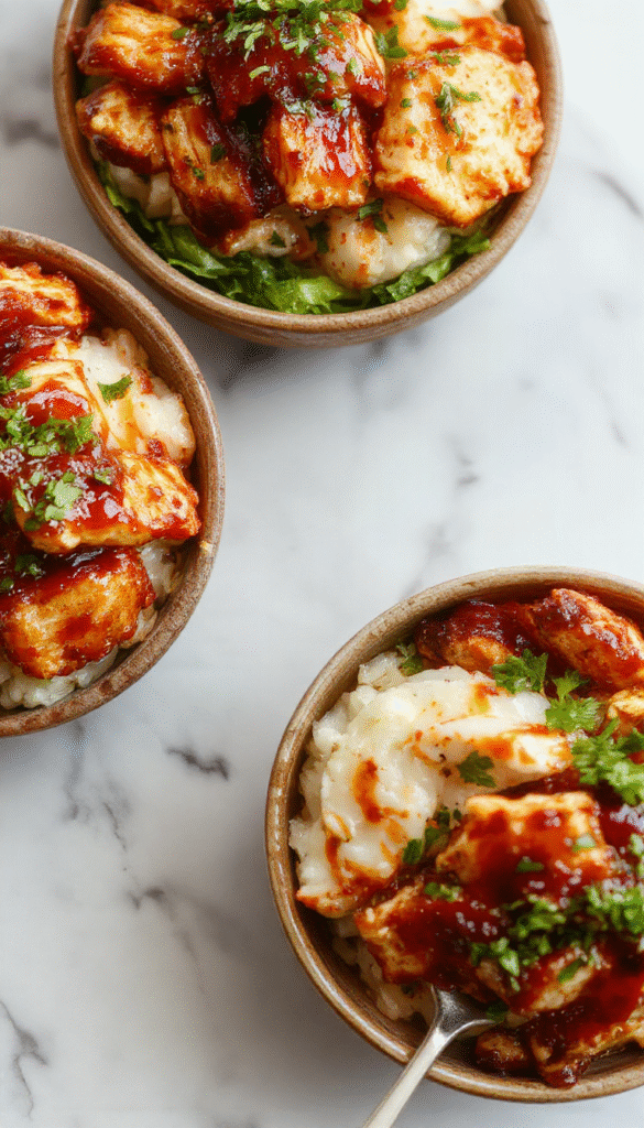 A vibrant colorful plate featuring sticky glazed chicken atop fluffy white rice, garnished with chopped green onions and sesame seeds, styled on a rustic wooden table