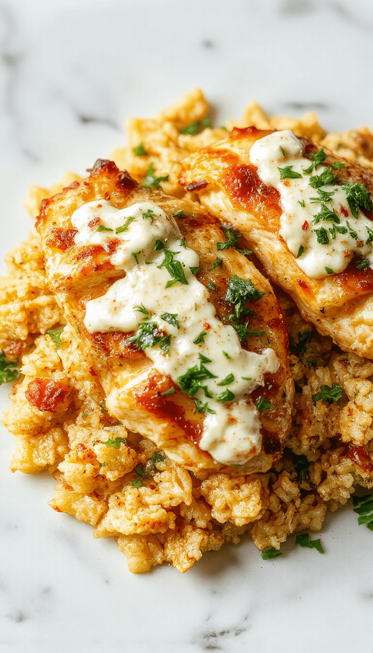 A vibrant plate featuring tender baked chicken topped with creamy cucumber tzatziki sauce, served alongside fluffy rice. The dish is garnished with fresh herbs, colorful vegetables, and presented on a rustic white plate with a fork and a side of lemon wedges, emphasizing textures and fresh ingredients with a Mediterranean flair.