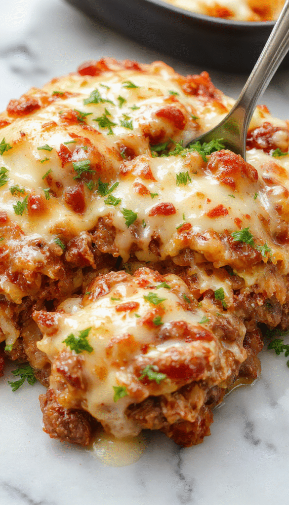 Colorful hobo casserole featuring seasoned ground beef, mixed vegetables, and melted cheese, arranged in a rustic ceramic baking dish with a golden-brown crust, garnished with fresh herbs, styled on a wooden table with a spoon for serving