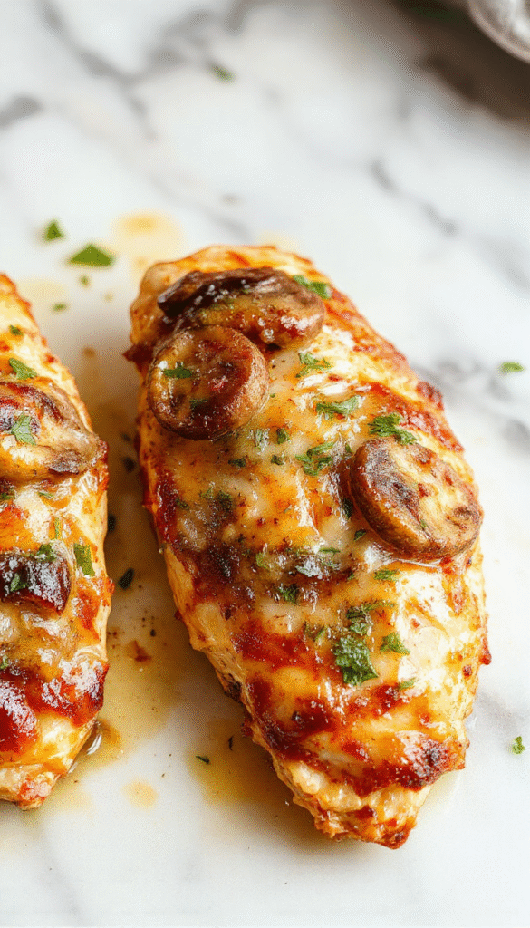 A close-up of a sliced chicken breast filled with sautéed mushrooms and cheese, beautifully plated on a white dish with fresh herbs, showcasing the juicy, tender meat and savory stuffing with a golden-brown exterior.