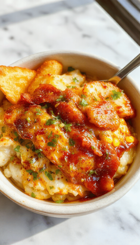 A vibrant and colorful chicken rice bowl topped with charred corn, fresh cilantro, lime wedges, and creamy sauce, displayed on a rustic wooden table with fresh ingredients around.