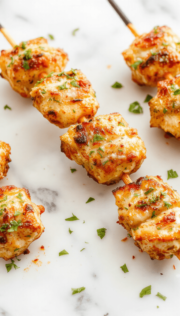 Colorful chicken skewers glazed with golden garlic Parmesan sauce, garnished with fresh herbs, arranged on a rustic platter with vibrant vegetables in the background, showcasing crispy textures and juicy chicken pieces