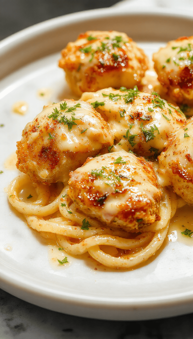 A vibrant plate featuring golden-brown garlic butter chicken bites glistening with herbs, served alongside luscious creamy Parmesan pasta topped with grated cheese and fresh parsley, all arranged on a rustic wooden table with a colorful backdrop