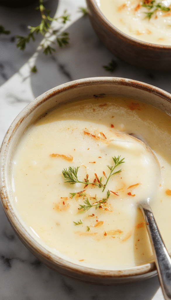 A steaming bowl of velvety garlic soup garnished with fresh parsley and a drizzle of olive oil, served in a rustic white bowl on a wooden table with garlic cloves and herbs scattered around, showcasing rich, creamy texture and inviting aroma.