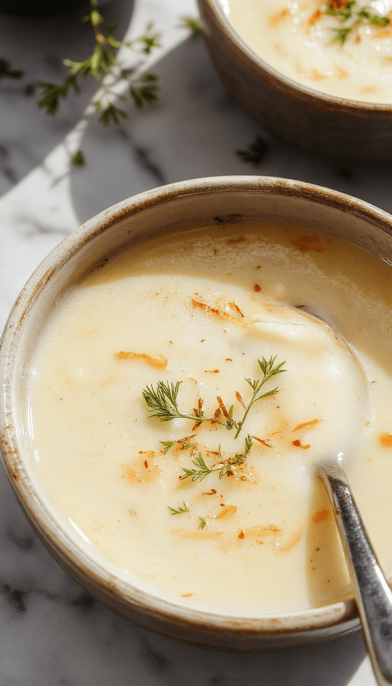 A steaming bowl of velvety garlic soup garnished with fresh parsley and a drizzle of olive oil, served in a rustic white bowl on a wooden table with garlic cloves and herbs scattered around, showcasing rich, creamy texture and inviting aroma.