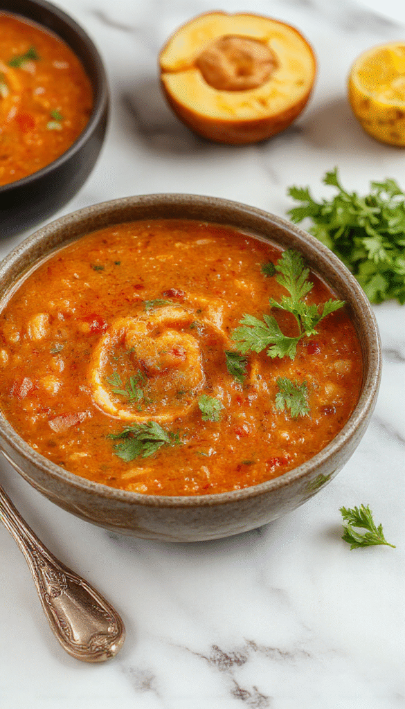 A vibrant bowl of red lentil soup topped with fresh herbs, served with a side of crusty bread. The soup has a thick, hearty texture with a rich orange-red color, garnished with slices of lemon and a drizzle of olive oil. The scene is styled on a rustic wooden table with warm lighting emphasizing the comforting and wholesome nature of the dish.