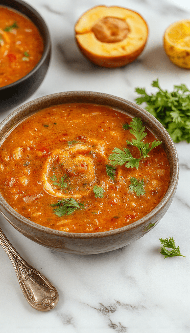 A vibrant bowl of red lentil soup topped with fresh herbs, served with a side of crusty bread. The soup has a thick, hearty texture with a rich orange-red color, garnished with slices of lemon and a drizzle of olive oil. The scene is styled on a rustic wooden table with warm lighting emphasizing the comforting and wholesome nature of the dish.