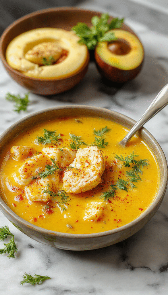 A vibrant bowl of anti-inflammatory turmeric chicken soup featuring golden-yellow broth with tender shredded chicken, sliced carrots, and fresh herbs, garnished with a sprinkle of turmeric powder and black pepper, all presented on a rustic wooden table with a spoon resting beside the bowl.
