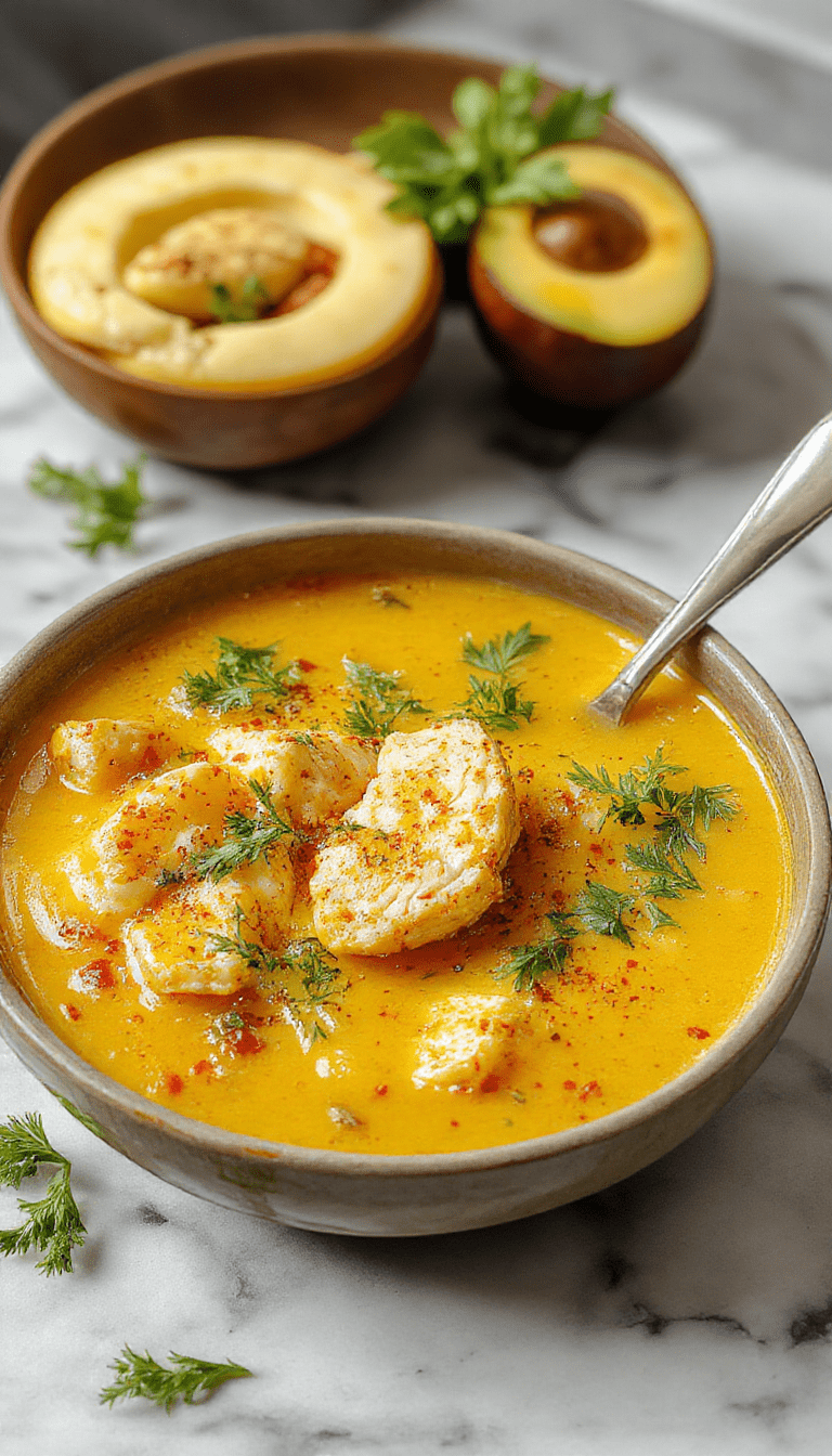 A vibrant bowl of anti-inflammatory turmeric chicken soup featuring golden-yellow broth with tender shredded chicken, sliced carrots, and fresh herbs, garnished with a sprinkle of turmeric powder and black pepper, all presented on a rustic wooden table with a spoon resting beside the bowl.