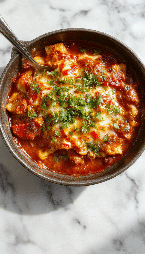 A vibrant skillet dish featuring layers of seasoned ground meat, melted cheese, and fresh chopped cilantro, topped with rich red enchilada sauce, served directly from a cast-iron skillet on a rustic wooden table with colorful vegetables and warm lighting highlighting the textures and fresh ingredients.