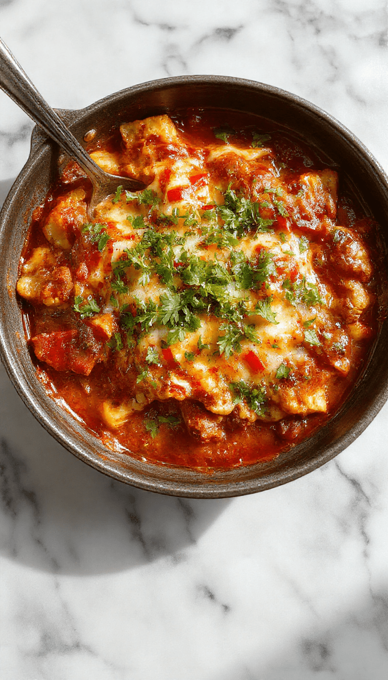 A vibrant skillet dish featuring layers of seasoned ground meat, melted cheese, and fresh chopped cilantro, topped with rich red enchilada sauce, served directly from a cast-iron skillet on a rustic wooden table with colorful vegetables and warm lighting highlighting the textures and fresh ingredients.