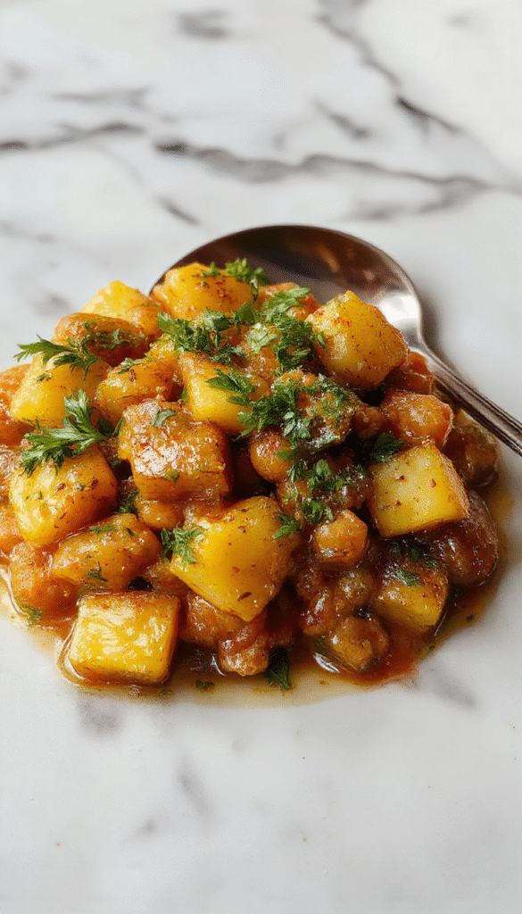 A vibrant bowl of chickpea and potato curry featuring golden-brown potatoes and hearty chickpeas in a rich tomato-based sauce, garnished with fresh cilantro, served in a rustic white bowl on a wooden surface, with a side of naan bread, showcasing warm, inviting colors and textured ingredients.