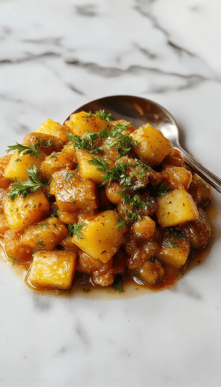 A vibrant bowl of chickpea and potato curry featuring golden-brown potatoes and hearty chickpeas in a rich tomato-based sauce, garnished with fresh cilantro, served in a rustic white bowl on a wooden surface, with a side of naan bread, showcasing warm, inviting colors and textured ingredients.