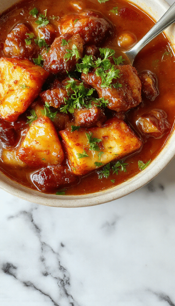 A rustic bowl of cowboy stew featuring tender chunks of beef, colorful vegetables like carrots and potatoes, served with a side of crusty bread on a wooden table, steaming and garnished with fresh herbs, with a background of a cozy kitchen setting.