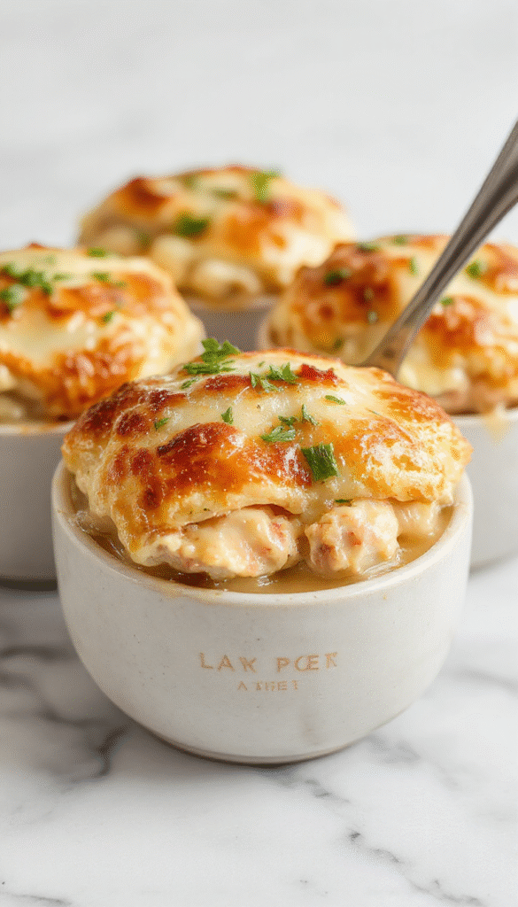 A warm, golden-brown chicken pot pie served in a rustic baking dish, topped with flaky crust and garnished with fresh herbs. The filling inside shows tender chicken pieces, carrots, peas, and potatoes in a creamy sauce, with steam rising, inviting comfort and homestyle appeal.