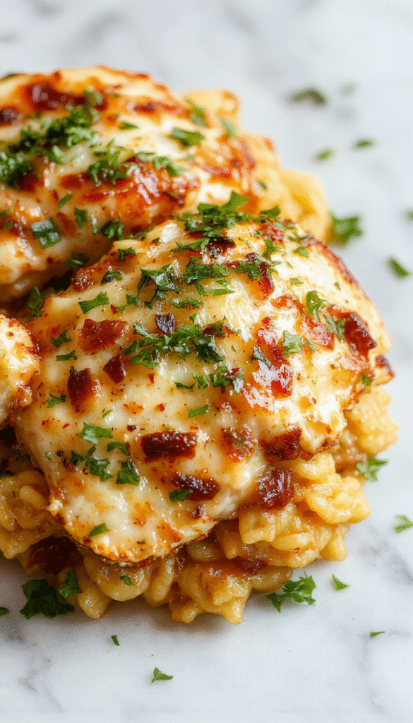 A vibrant, golden-brown chicken casserole topped with melted cheese and caramelized onions. The dish is served in a rustic, beige ceramic baking dish with hints of brown and caramel, garnished with fresh herbs. The side of leafy greens complements the creamy, cheesy texture of the casserole, with a spoonful scooped out revealing tender chicken, orzo pasta, and caramelized onions.