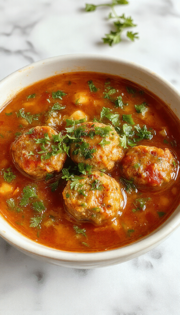 A steaming bowl of Italian meatball soup featuring tender meatballs, vibrant green parsley, melted cheese, and a rich, savory broth, garnished with fresh herbs and a sprinkle of grated cheese, served on a rustic wooden table with crusty bread on the side.