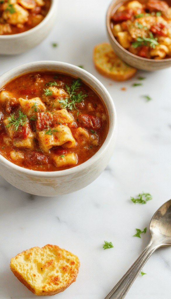 A bowl of hearty Italian Pasta Fagioli Soup featuring a rich tomato broth filled with tender pasta, creamy beans, and fresh herbs. The vibrant dish is garnished with grated cheese and a sprig of parsley, served with crusty bread on a rustic wooden table, capturing warm, inviting flavors.
