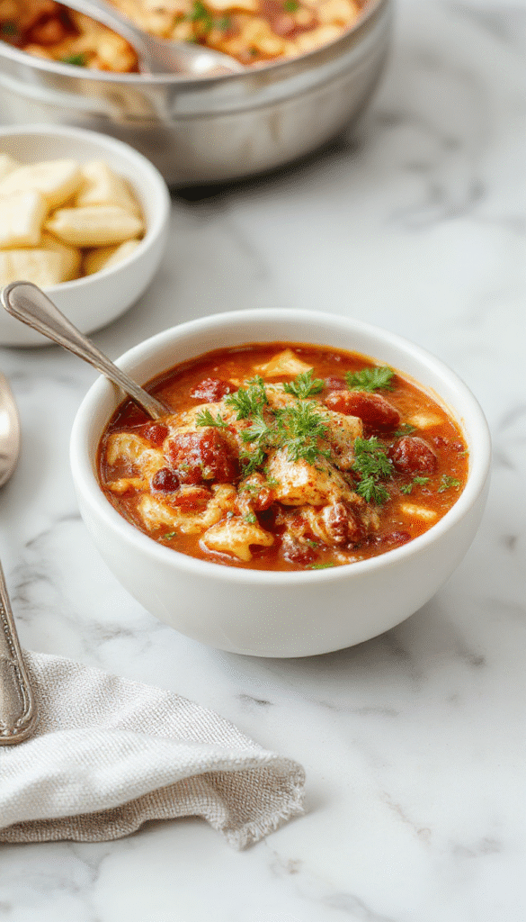 A vibrant bowl of lasagna soup featuring layers of melted cheese, rich tomato broth, and tender pasta, garnished with fresh basil and grated Parmesan on a rustic wooden table.