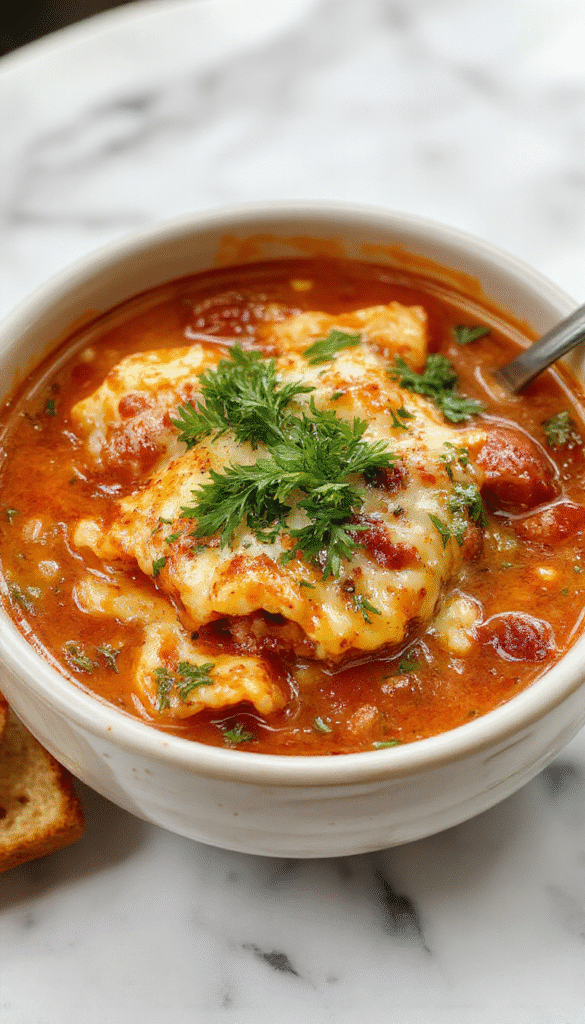 A bowl of rich and savory lasagna soup topped with melted cheese, fresh basil, and shredded mozzarella, served in a rustic bowl on a wooden table with a spoon and basil garnish, highlighting vibrant tomato and beef chunks, with steam rising highlighting the warmth and hearty textures.