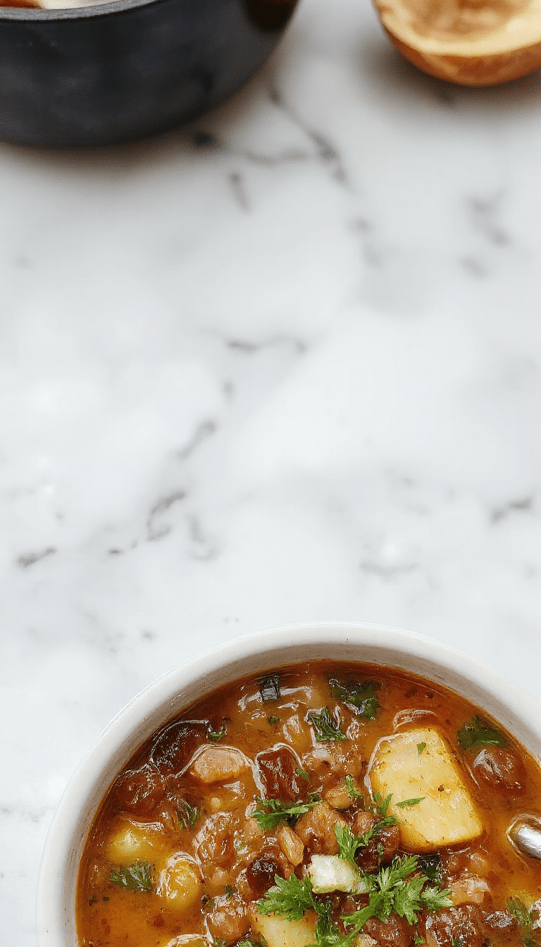 A warm, steaming bowl of hearty lentil and potato soup topped with fresh herbs, vibrant orange lentils, creamy potatoes, and garnished with parsley, served in a rustic bowl on a wooden table with a spoon beside it, showcasing rich textures and inviting colors.