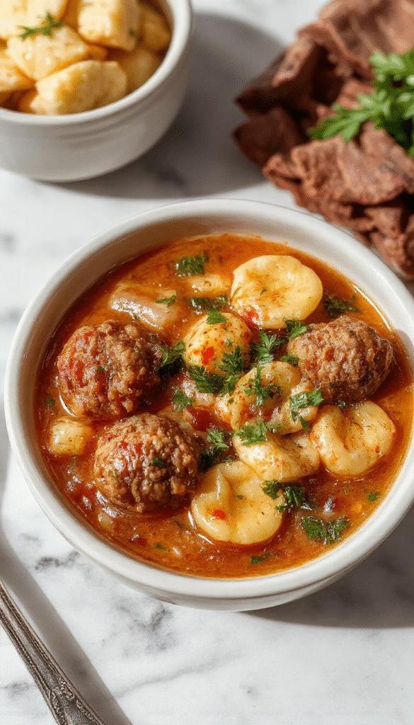 A vibrant bowl of hearty Italian meatball tortellini soup featuring several plump meatballs, colorful tortellini, spinach leaves, and a rich broth garnished with grated cheese and fresh herbs, styled on a rustic wooden table with a side of crusty bread