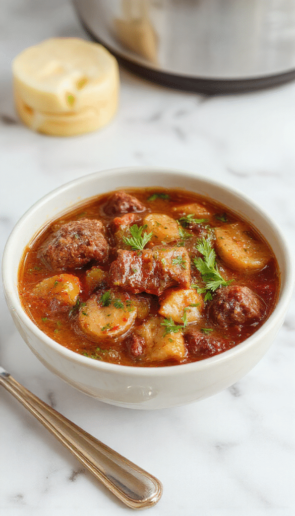 A rustic bowl of hearty beef stew garnished with fresh herbs, featuring tender chunks of beef, carrots, potatoes, and celery in a rich brown gravy, served on a wooden table with crusty bread and a sprig of thyme for garnish.