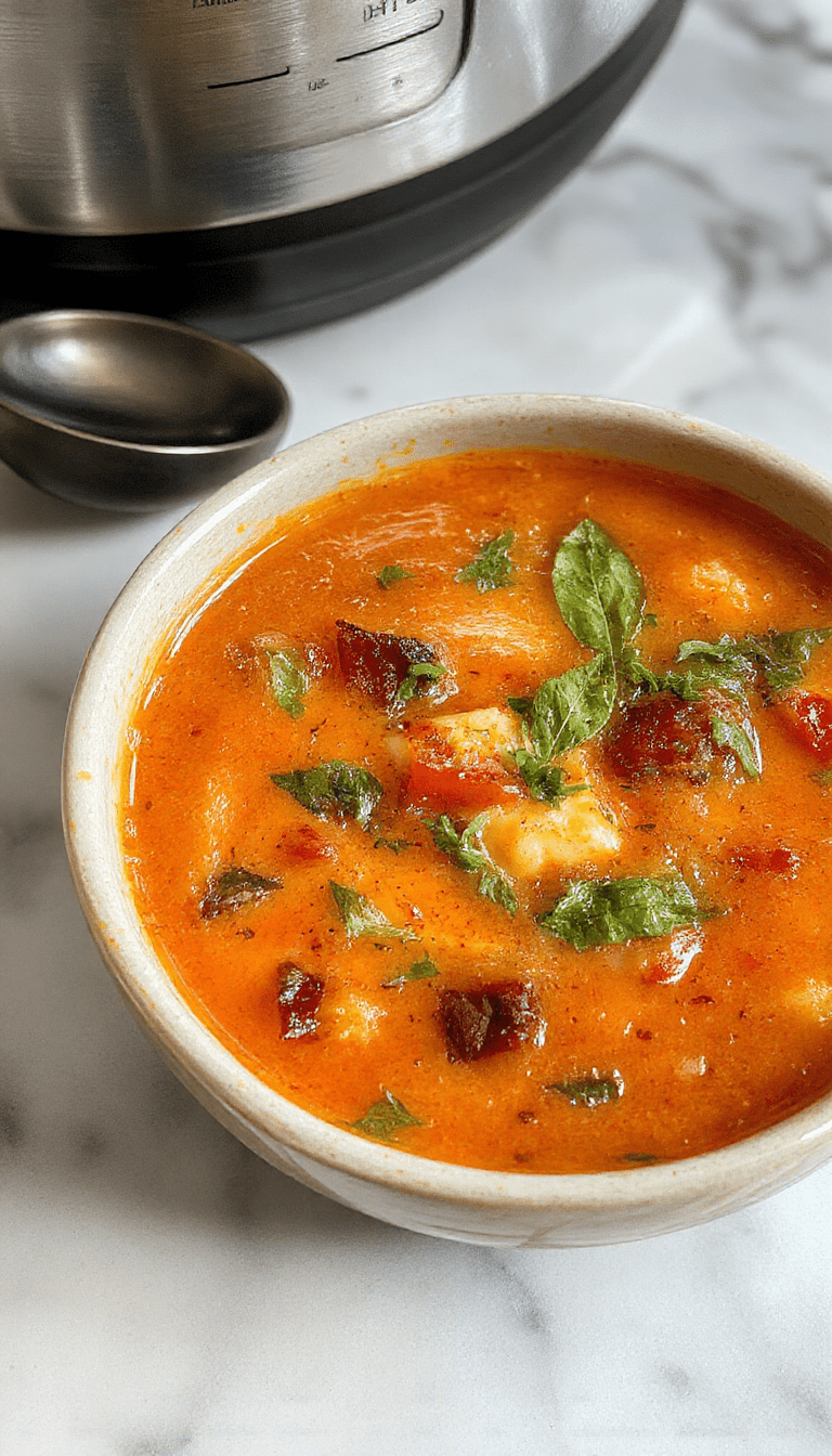 A vibrant bowl of roasted tomato basil soup garnished with fresh basil leaves and a drizzle of cream, served on a rustic wooden table with toasted bread slices, steam rising, showcasing the rich red and green colors, and the smooth texture of the soup contrasting with the crispy bread.
