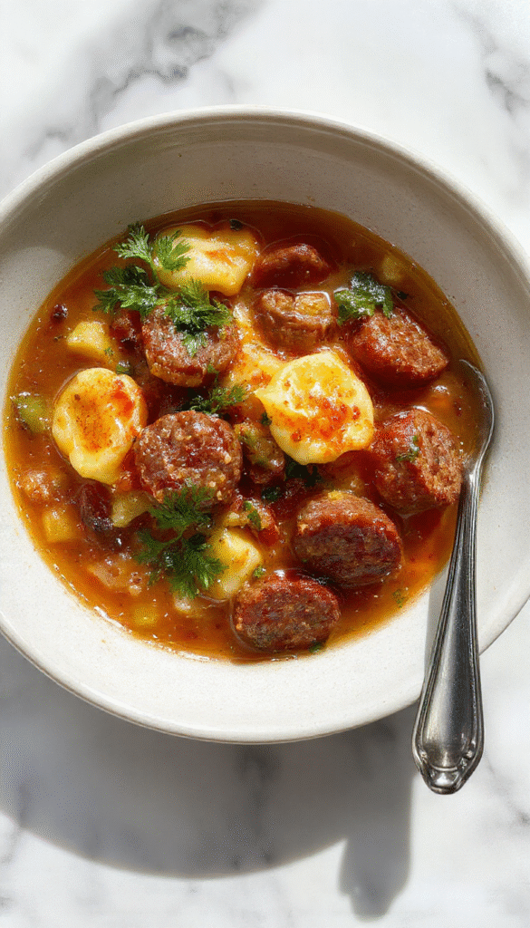 A steaming bowl of sausage and tortellini soup featuring golden-brown sausage slices, plump tortellini pasta, and fresh herbs, served in a rustic white bowl with a side of crusty bread, vibrant green spinach, and a drizzle of olive oil, all set on a wooden table with a warm, inviting atmosphere.