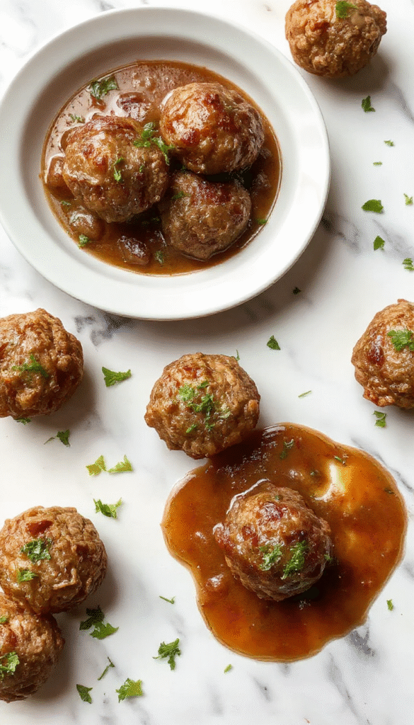 A bowl of golden-brown Salisbury steak meatballs glazed with savory gravy, garnished with fresh herbs and served alongside mashed potatoes on a rustic wooden table with a warm, inviting ambiance