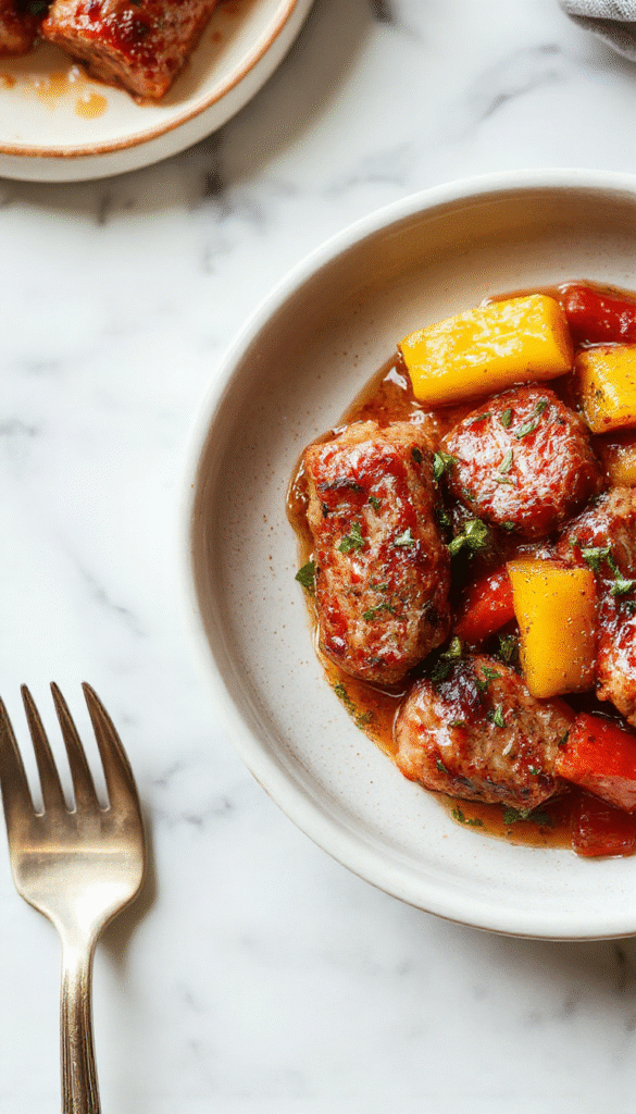 A vibrant dish featuring sliced sausages nestled among bright red, yellow, and green bell peppers, all cooked in a glossy, savory sauce. The sausages have a golden-brown exterior and are arranged on a rustic plate, garnished with fresh herbs. The peppers are tender and slightly caramelized, with steam gently rising, creating an inviting and colorful presentation.