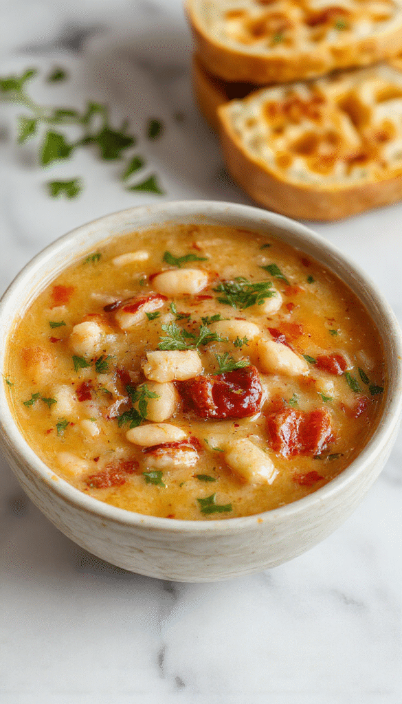 A vibrant bowl of Tuscan White Bean Soup featuring creamy white beans, fresh herbs, and a drizzle of olive oil, garnished with chopped parsley, served in rustic ceramic bowls with crusty bread on a wooden table, steam rising emphasizing warmth and comfort.