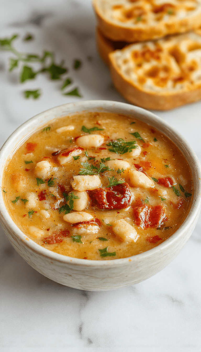 A vibrant bowl of Tuscan White Bean Soup featuring creamy white beans, fresh herbs, and a drizzle of olive oil, garnished with chopped parsley, served in rustic ceramic bowls with crusty bread on a wooden table, steam rising emphasizing warmth and comfort.