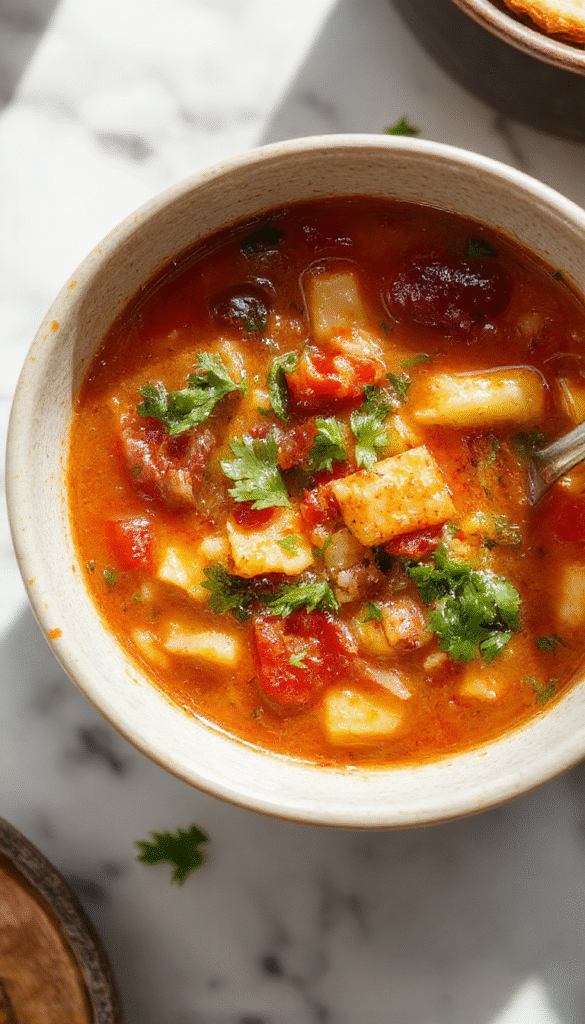 A colorful bowl of classic minestrone soup filled with vibrant vegetables like carrots, zucchini, spinach, and beans, topped with grated Parmesan cheese and fresh herbs, served in a rustic white bowl on a wooden table with slices of crusty bread beside it.