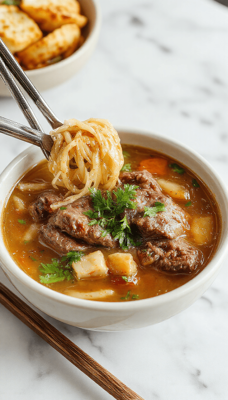 A vibrant bowl of homemade beef noodle soup featuring tender beef slices, chewy noodles, and fresh green herbs, all immersed in a rich, steaming broth. The dish is garnished with chopped scallions and sliced chili peppers, with steam gently rising as it sits on a rustic wooden table, styled with a side of crusty bread and fresh vegetables.