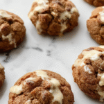 A close-up of a freshly baked batch of Samoas cookies arranged on a rustic wooden platter. The cookies showcase a golden-brown coconut caramel topping with drizzles of chocolate on top. The cookies are textured with crunchy edges and gooey centers, styled with some coconut flakes and drizzled chocolate visible. The background features a soft-focus setting with baking tools and a cozy kitchen vibe.