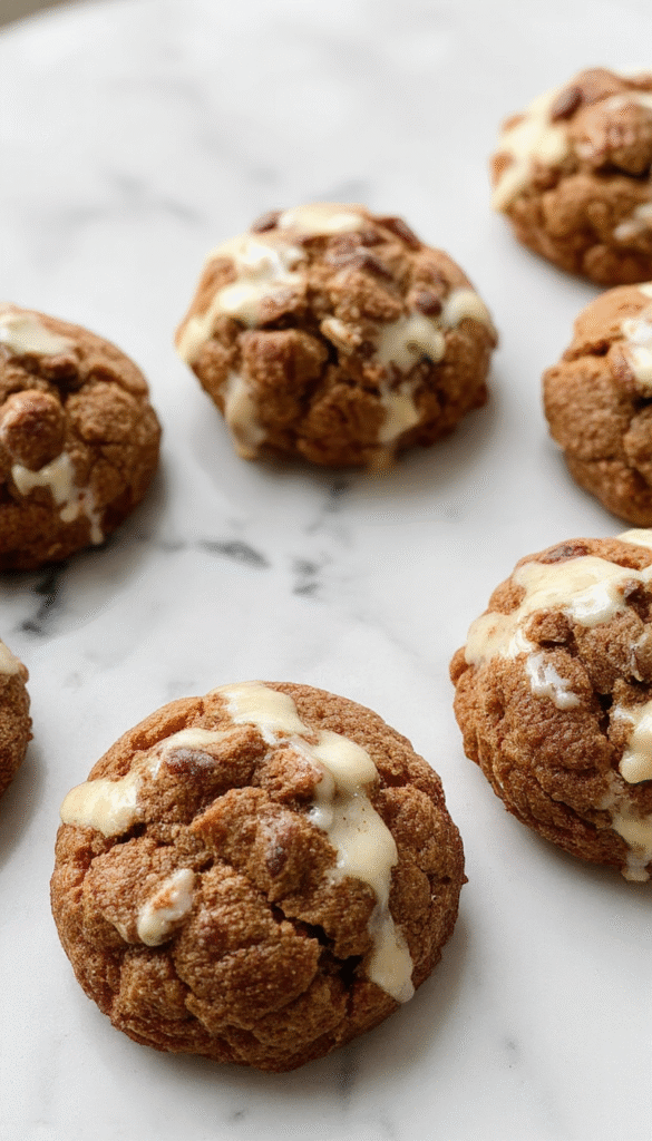 A close-up of a freshly baked batch of Samoas cookies arranged on a rustic wooden platter. The cookies showcase a golden-brown coconut caramel topping with drizzles of chocolate on top. The cookies are textured with crunchy edges and gooey centers, styled with some coconut flakes and drizzled chocolate visible. The background features a soft-focus setting with baking tools and a cozy kitchen vibe.