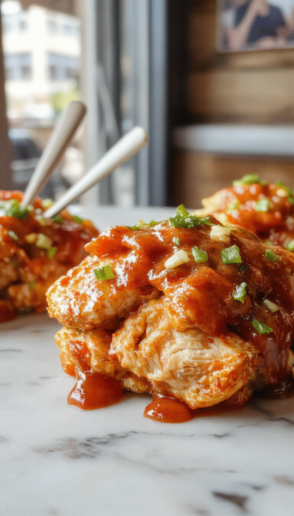 A vibrant plate of sweet chili chicken featuring golden-brown crispy chicken pieces coated in glossy, red and orange sweet chili sauce, garnished with fresh chopped cilantro and sliced green onions on a rustic white plate, with a side of steamed jasmine rice and colorful chili peppers for garnish.