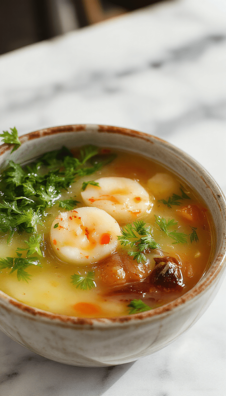 A delicate, translucent bowl of Japanese clear soup garnished with fresh green scallions and tiny slices of shiitake mushrooms, with a subtle sheen on the clear broth, presented on a minimalist wooden tray with chopsticks resting beside it, set against a light, neutral background enhancing its clean, elegant appearance.