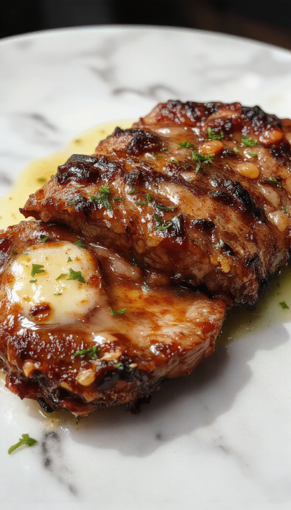 A perfectly cooked medium-rare beef steak with a golden-brown crust, topped with a glossy, creamy butter sauce. The steak is plated on a rustic wooden board with fresh herbs and garlic cloves. The image showcases the juicy, tender interior of the steak with a slight pink hue, contrasted by the rich sheen of the buttery sauce drizzled generously over the top, with a side of sautéed vegetables blurred in the background.