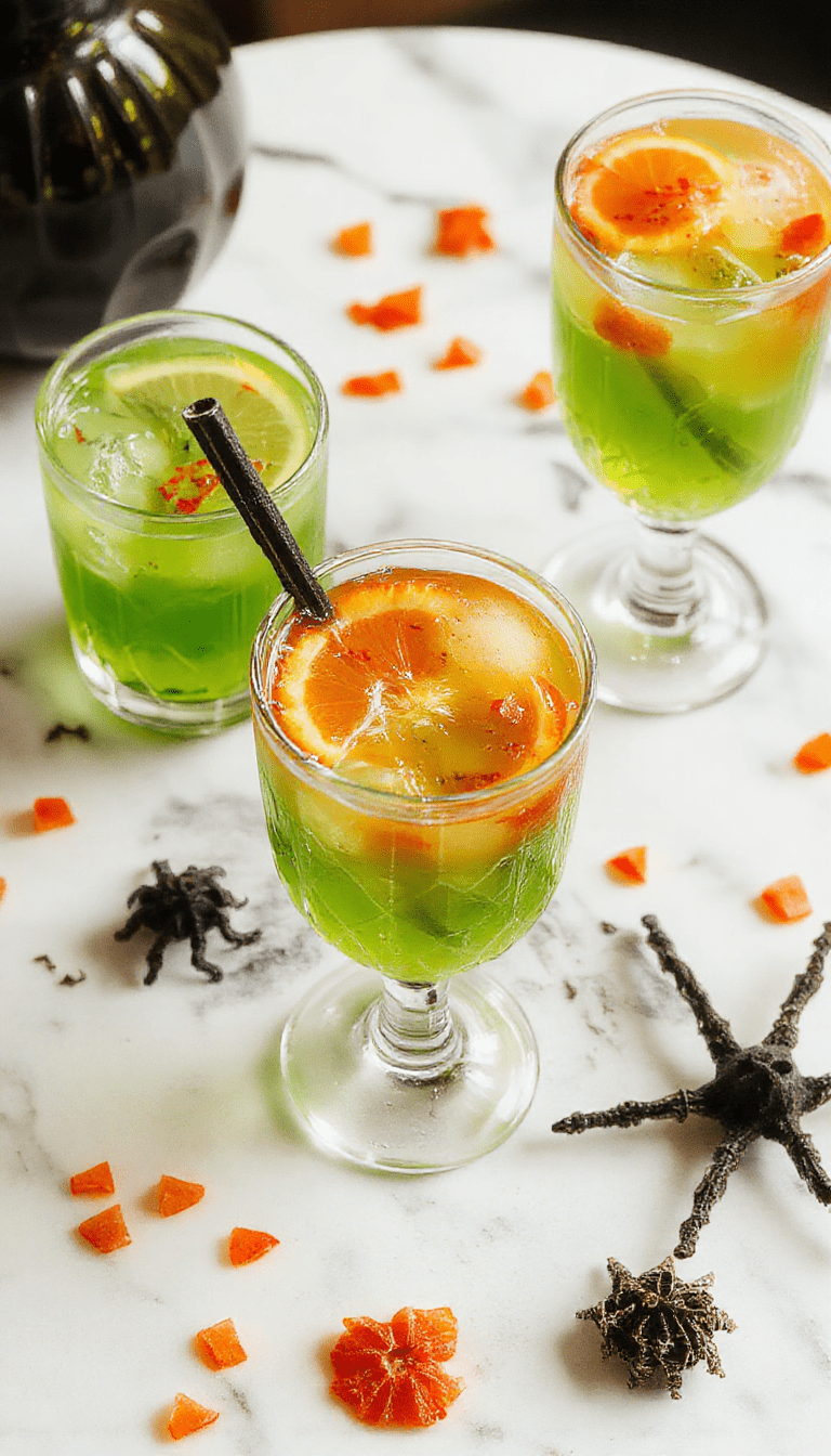 A vibrant Halloween Hocus Pocus Punch in a clear glass pitcher topped with colorful floating fruit slices and gummy worms, garnished with spooky candy decorations and dry ice for a bubbling effect, set on a dark table with Halloween-themed props and dim lighting creating a festive atmosphere.