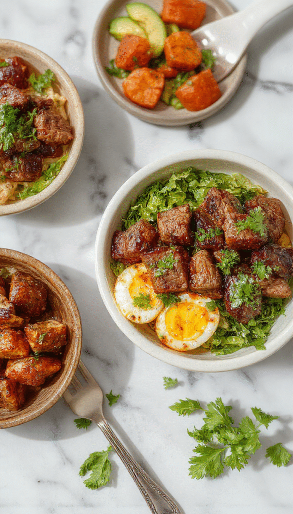 Colorful Mediterranean steak bowls featuring slices of juicy beef, cherry tomatoes, cucumber, red onions, kalamata olives, and crumbled feta cheese arranged beautifully on a rustic wooden plate with fresh herbs on top. The vibrant ingredients showcase a mix of reds, greens, and whites with textures varying from tender meat to crunchy vegetables.