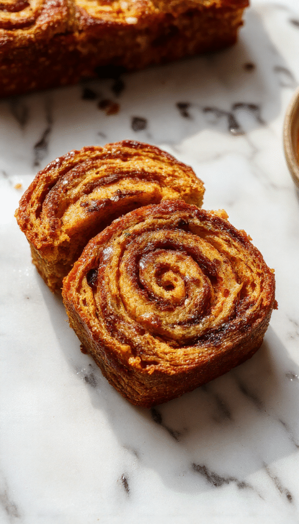 A slice of golden pumpkin cinnamon swirl bread with a marbled cinnamon and pumpkin filling, topped with a light dusting of powdered sugar, on a rustic wooden plate, surrounded by cinnamon sticks and pumpkin seeds, with a warm, inviting backlight highlighting the moist texture and rich swirls.