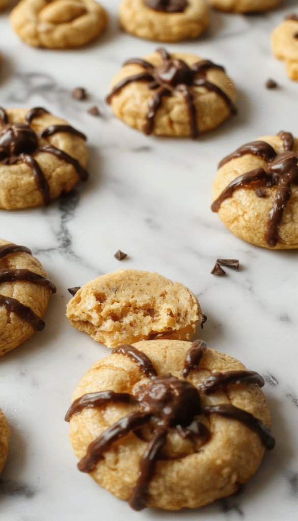 A close-up of a batch of Peanut Butter Spider Cookies arranged on a white plate. The cookies are golden-brown with a textured peanut butter surface, topped with dark chocolate candies as the spider's body and thin chocolate lines radiating outwards as the spider's legs. The background shows a cozy kitchen setting with a wooden table and a glass of milk.