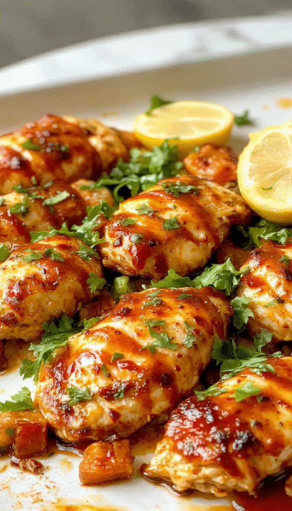 Colorful chicken fajitas arranged on a rustic white ceramic sheet pan, vibrant red and green bell peppers, sizzling seasoned chicken strips, garnished with fresh cilantro, glossy melted cheese, and lime wedges, styled with a rustic cloth for a cozy ambiance