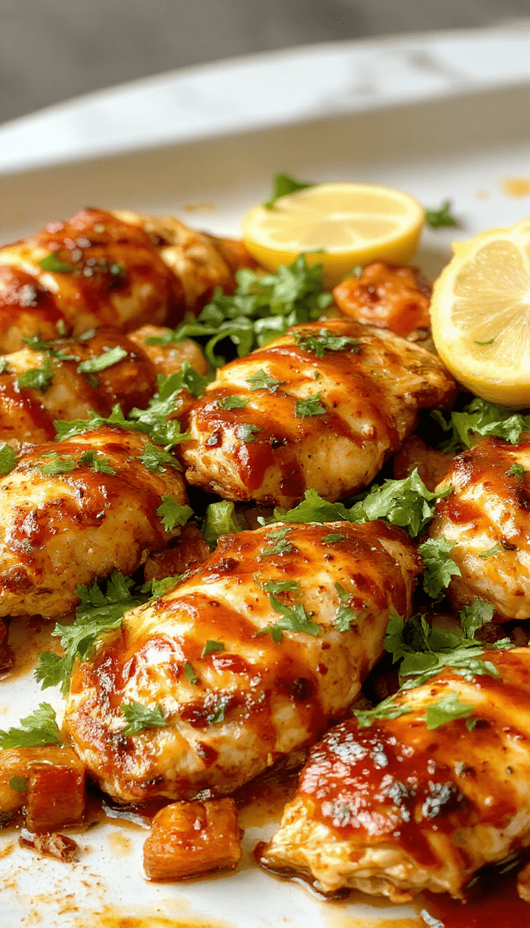 Colorful chicken fajitas arranged on a rustic white ceramic sheet pan, vibrant red and green bell peppers, sizzling seasoned chicken strips, garnished with fresh cilantro, glossy melted cheese, and lime wedges, styled with a rustic cloth for a cozy ambiance